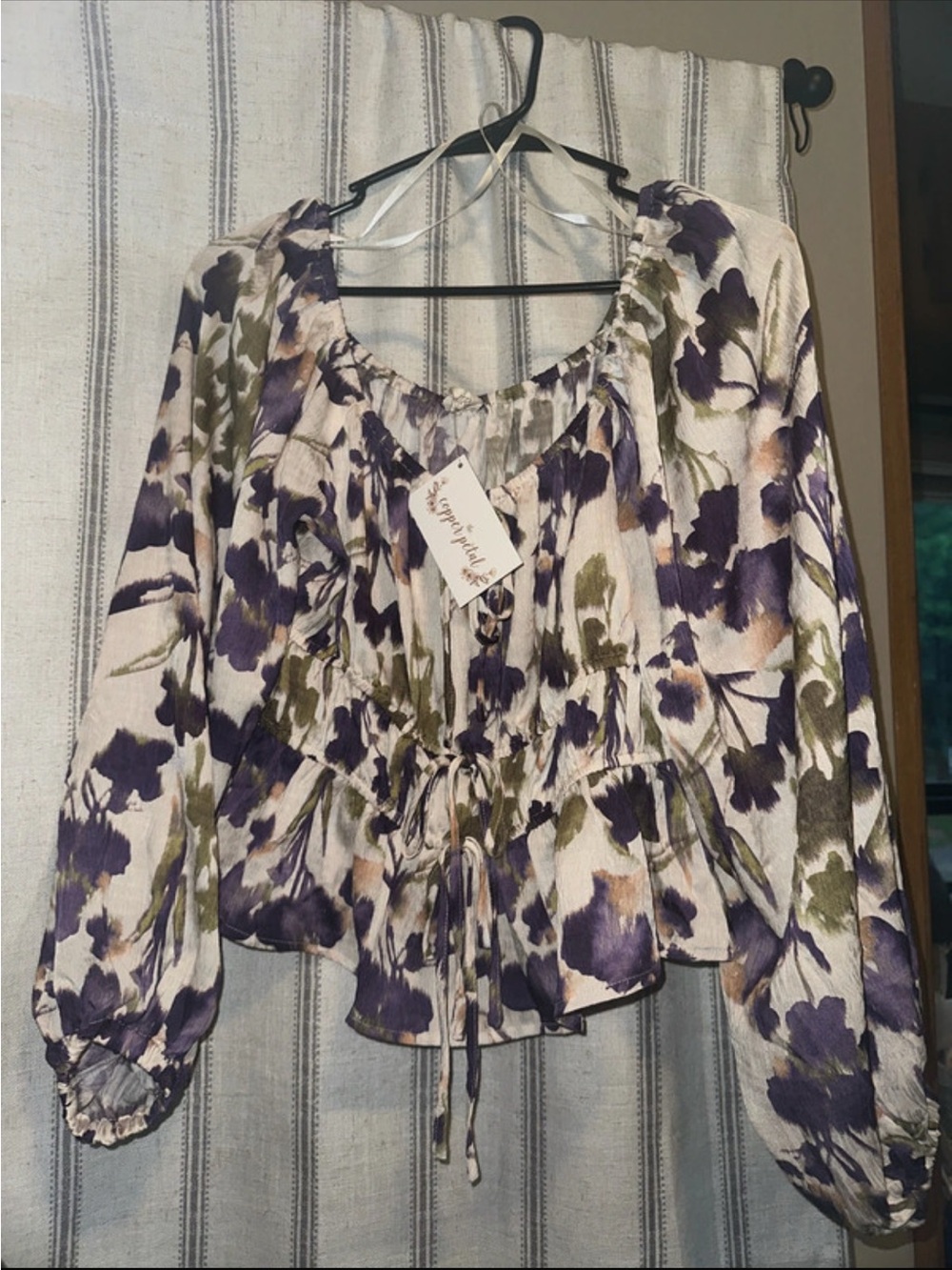 Waverly Floral Peasant Blouse in Purple and Olive